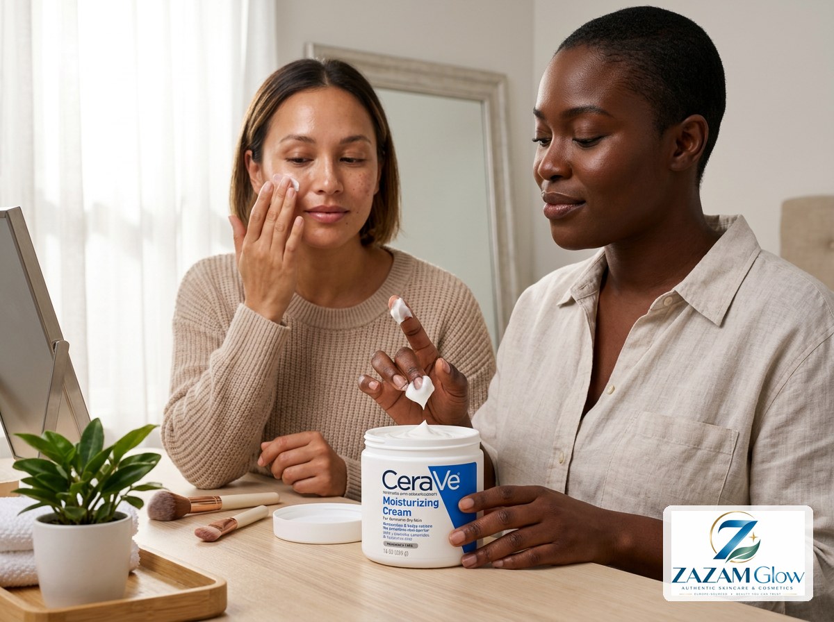 Two women with different skin tones using CeraVe Moisturizing Cream at a vanity table